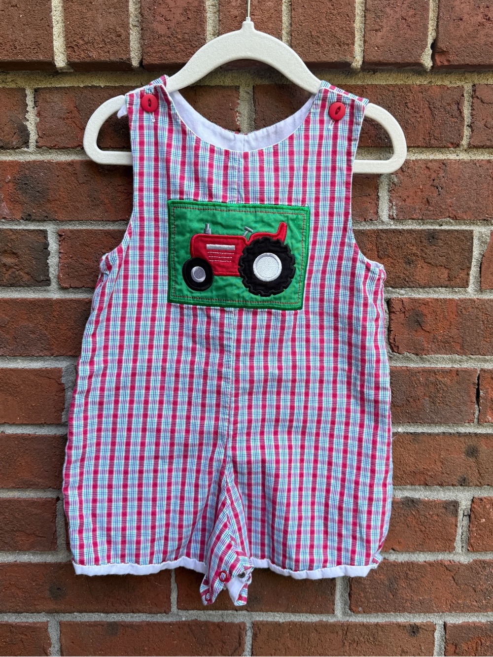 Vintage Glorimont Shortalls Romper Plaid Tractor Baby Boy Size 18 Months Outfit